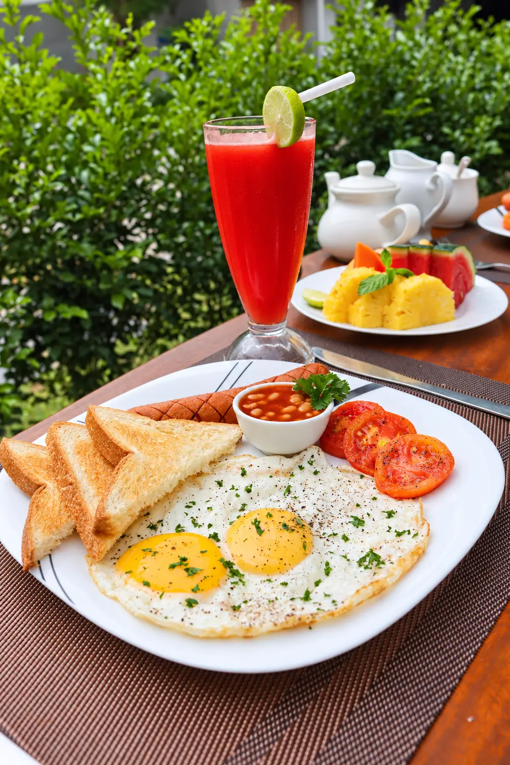 Full hotel breakfast with tropical fruit and a red juice by the ocean