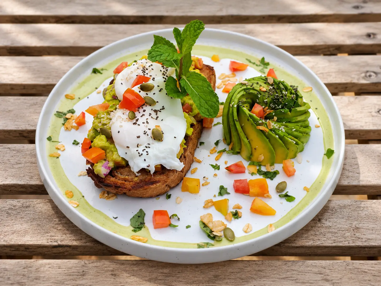 Poached eggs on avocado toast with finely sliced avocado and fresh garnish