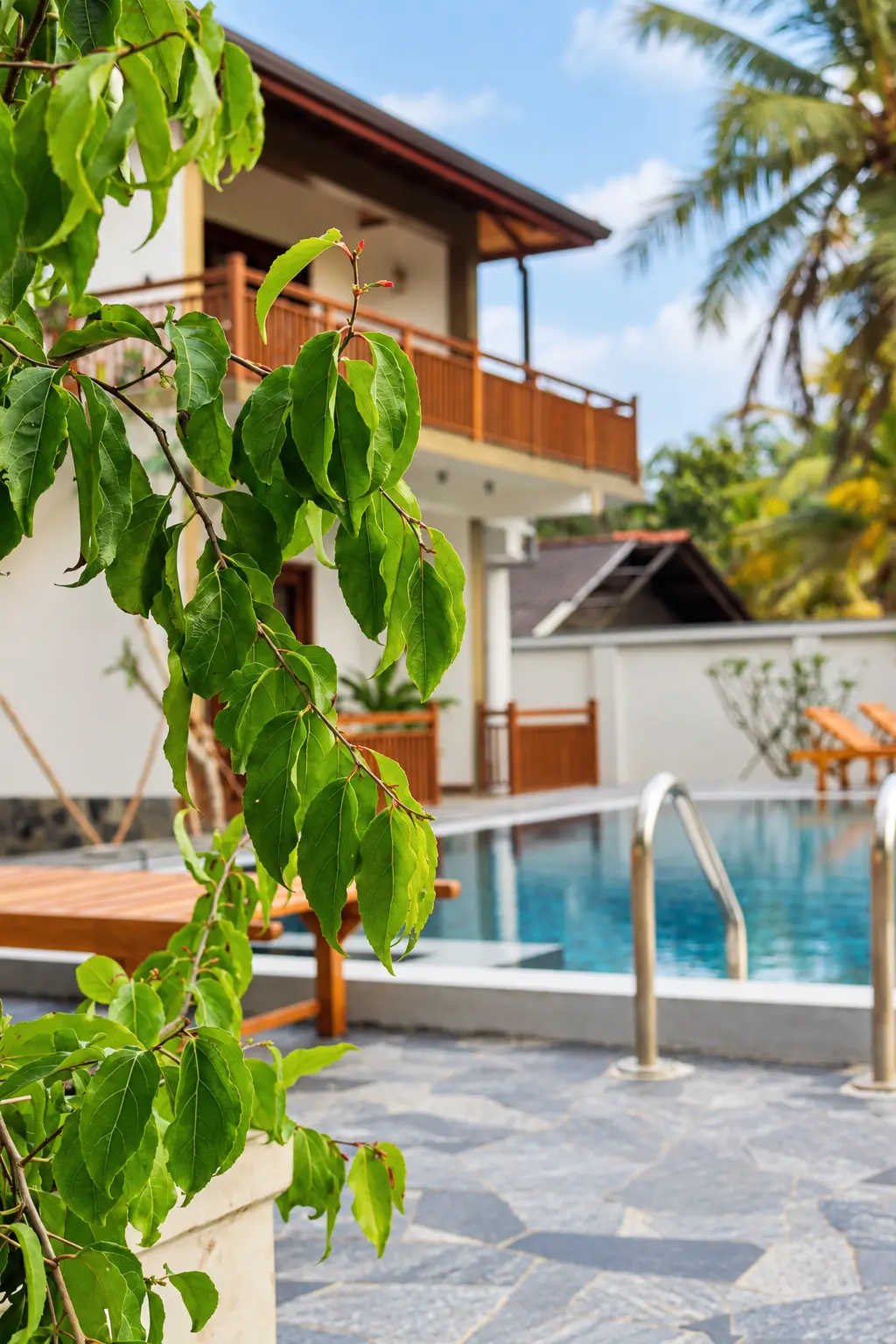Tropical poolside detail photography framed by green leaves