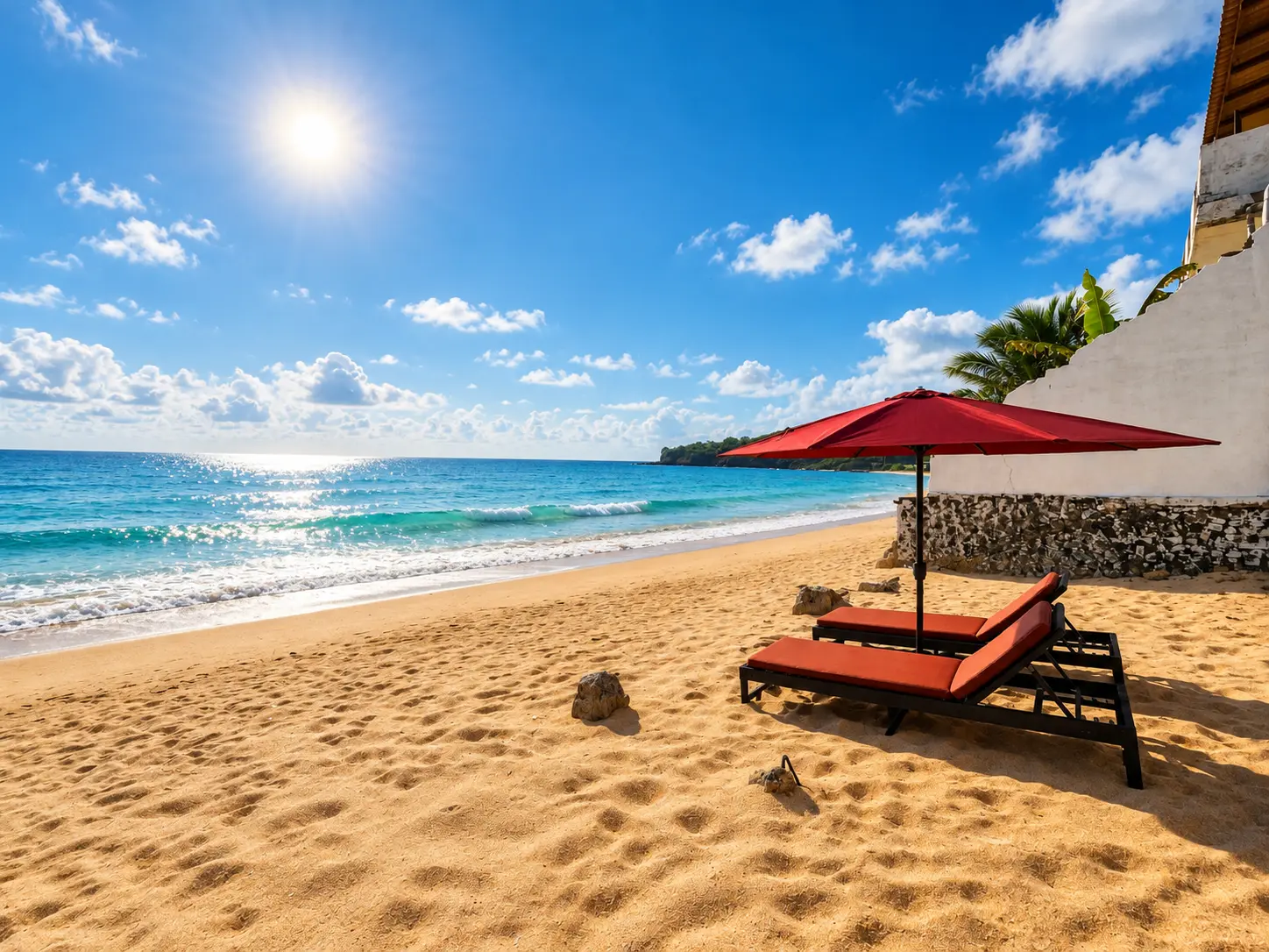 Beachfront hospitality photography with ocean view and sun lounger