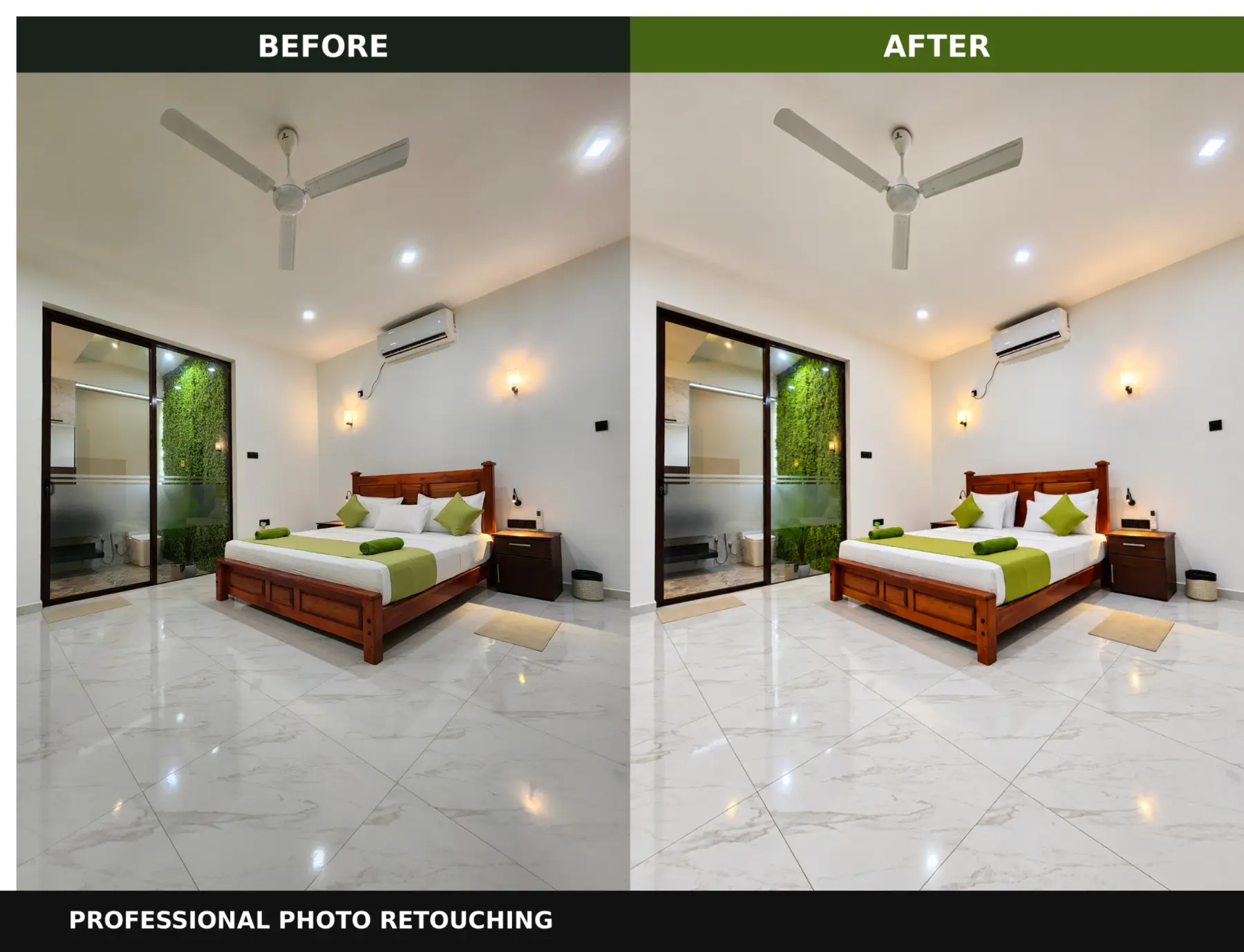 Before and after professional bedroom photo retouching
